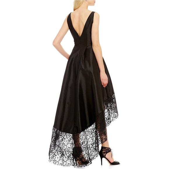 Betsy & Adam Lace Hi-Low A Line Evening Dress in Black - Picture 3 of 10
